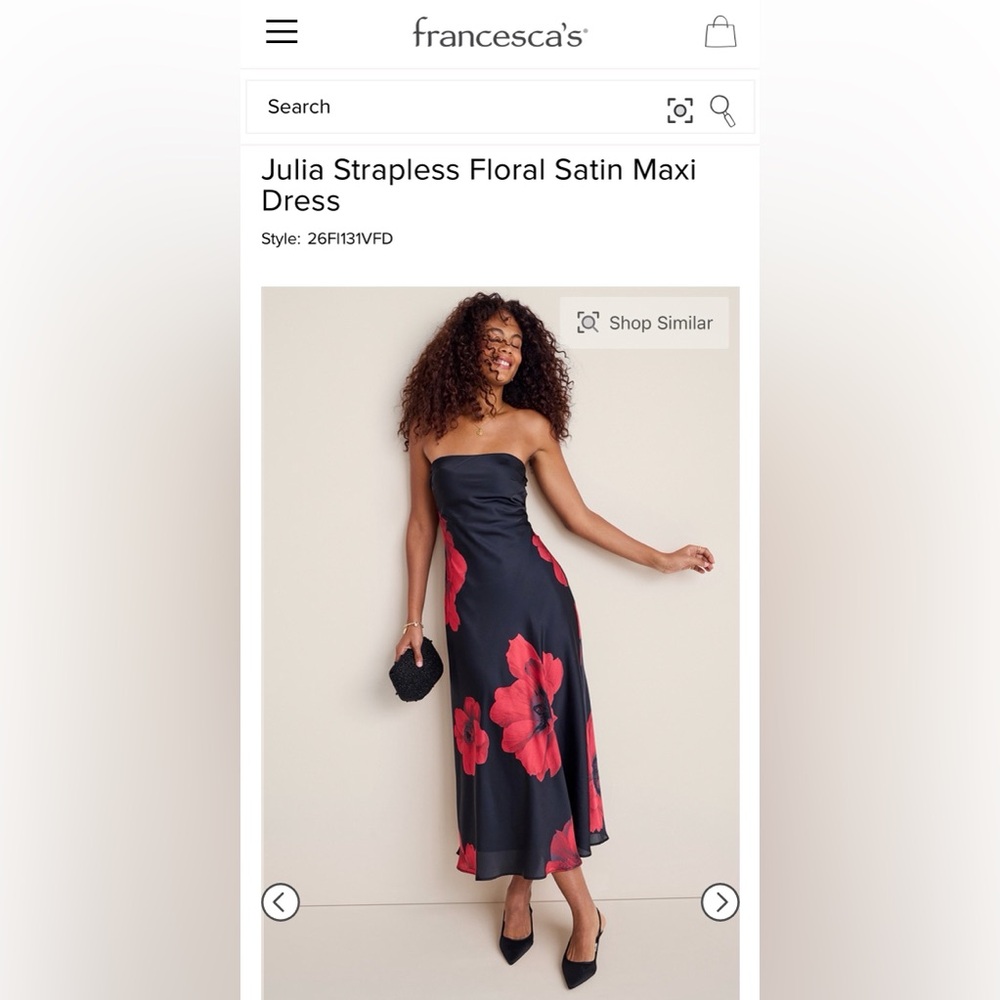 Francesca's Strapless Satin Maxi Dress with Red Floral Print